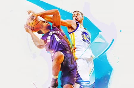 два баскетболиста играют в баскетбол